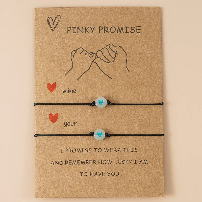 2Pcs Pinky Promise Couple Bracelets for Women Simple Cute Luminous Heart Bead Braided Bracelet Friendship Aesthetic Jewelry Gift