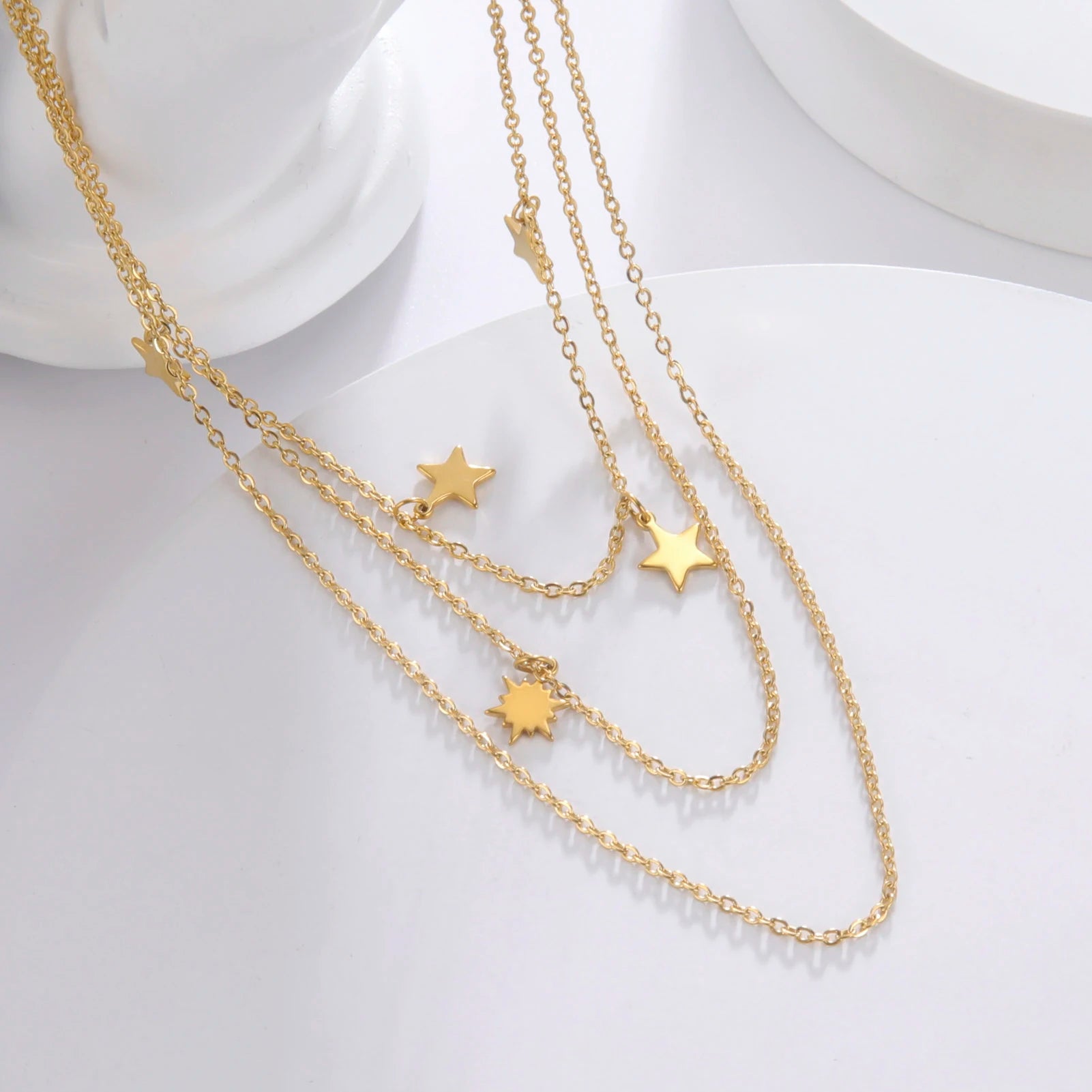 Star Pendant Necklace for Women Silver Color Stainless Steel Three Layer Chain Collars Elegant Fashion Jewelry Accessories
