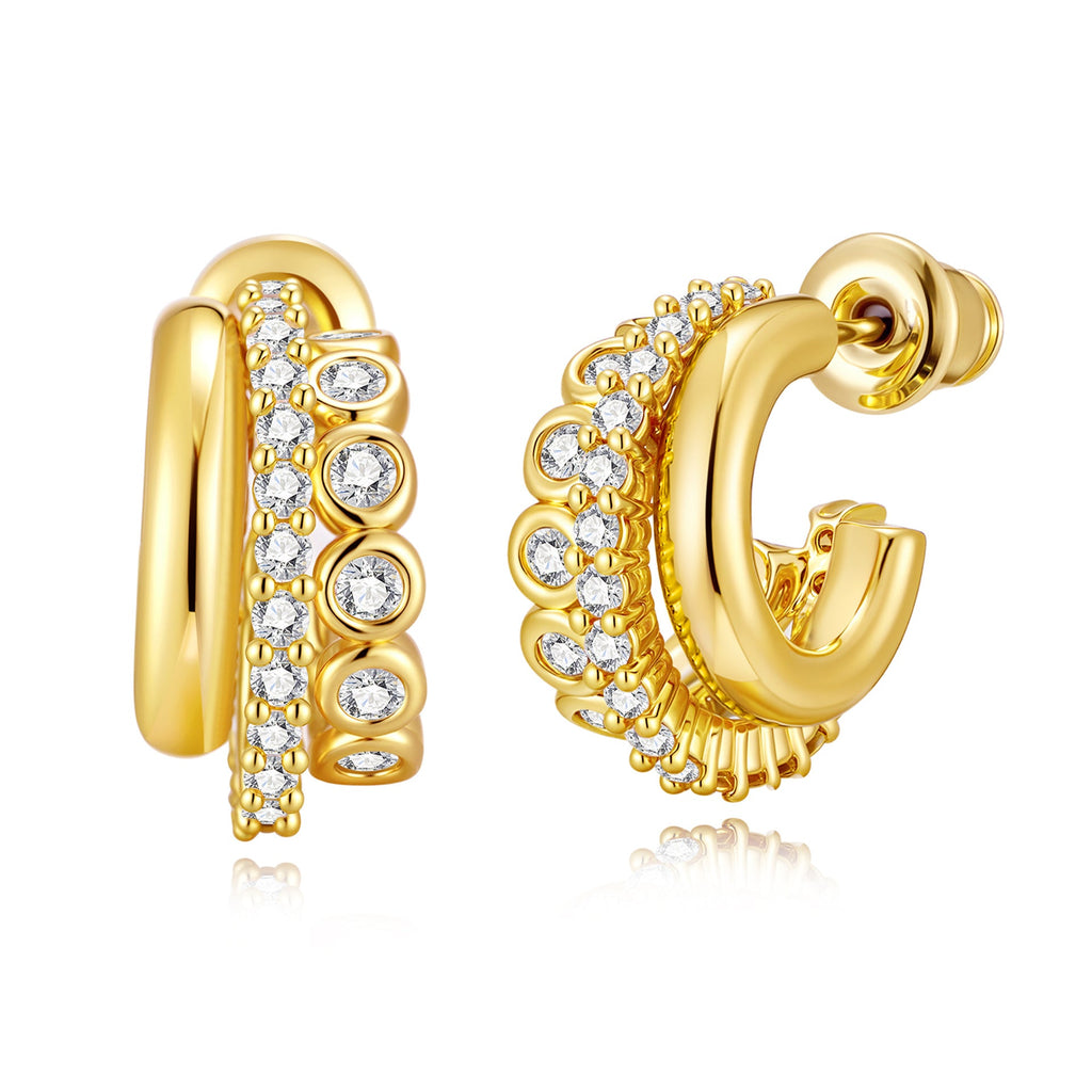Geometric Retro 18K Gold Earrings with a High-End European and American Feel, Popular Earrings with Micro Inlaid Zircon Earrings and Ins Style Earrings