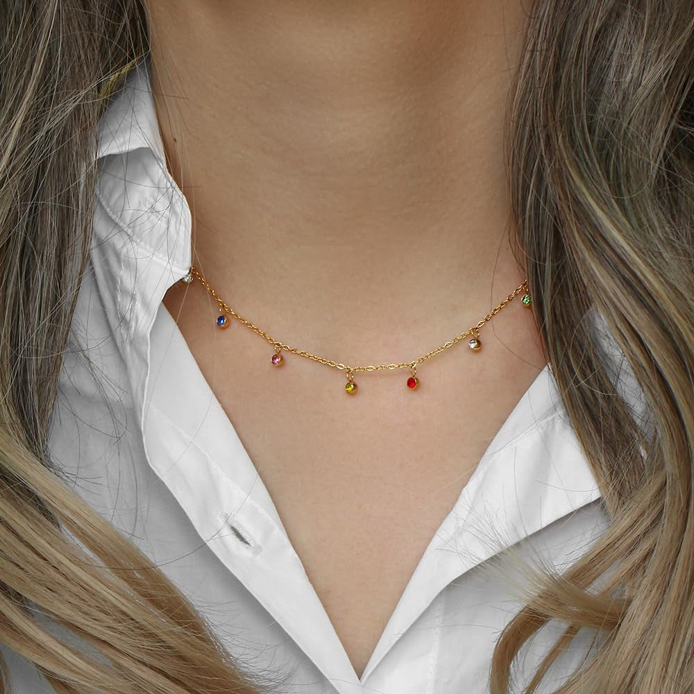 Collana Color Oro Con Cristalli Colorati Gioiello Regalo Donna Catenina Acciaio