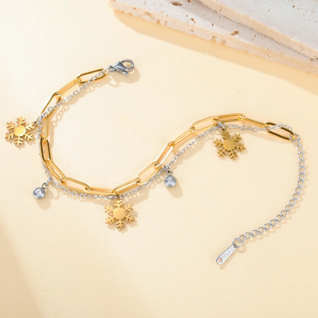 Crystal Snowflake Charms Bracelet for Women Stainless Steel Gold Plated Paperclip Chain Birthday Winter Couple Jewelry Gift