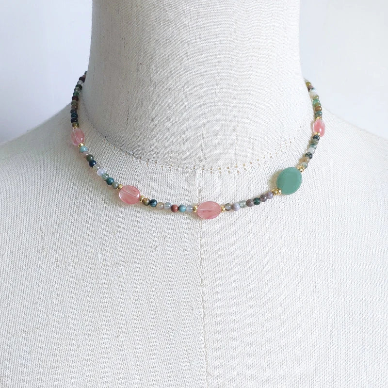 Creative Design Natural Stone Necklace Short Necklace Retro Ethnic Pink Green Black Red Natural Stone Pendant Women Jewelry