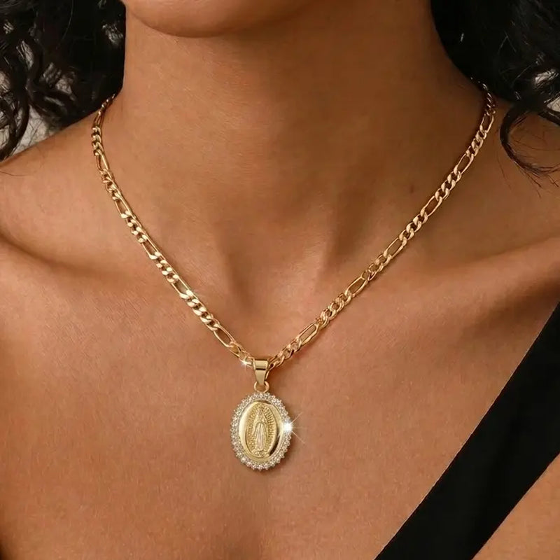 14K Gold Plated Virgin Mary Necklace - Virgen De Guadalupe Mother Mary Our Lady of Guadalupe Pendant Amulet for Women Jewelry Gift 22 Inches