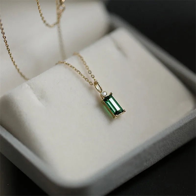 925 Sterling Silver European Simple Square Green Crystal Pendant Clavicle Chain Necklace Women Classic Plating 14K Gold Jewelry