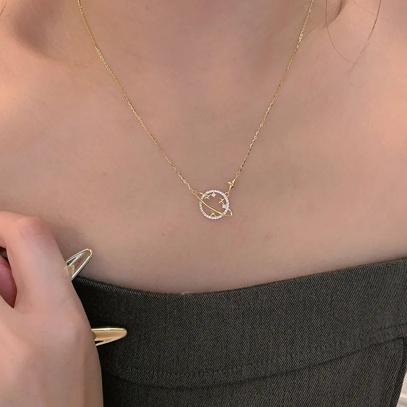 925 Sterling Silver Simple Diamond Gold Planet Pendant Necklace Women Fashion Wedding Party Jewelry Accessories