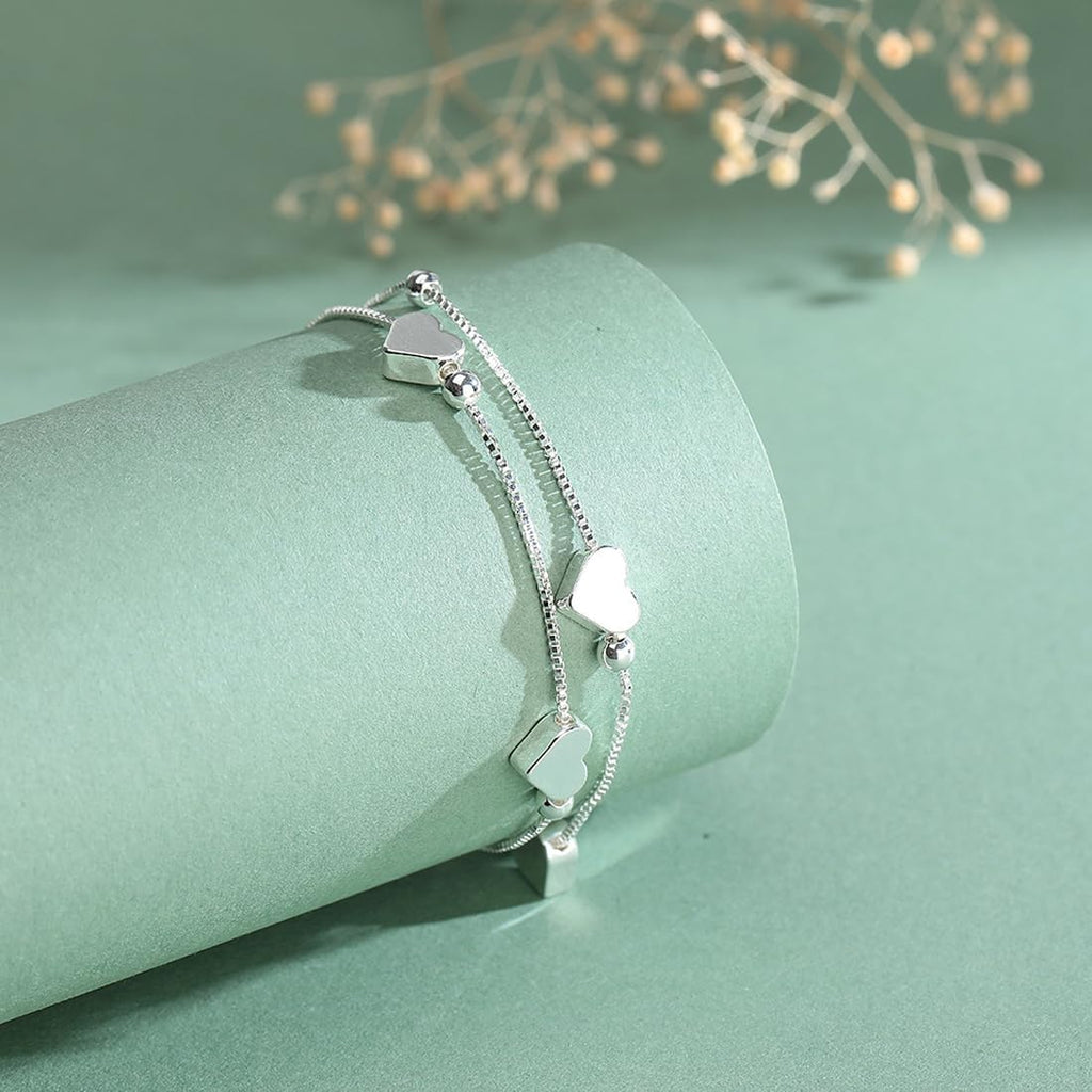 Bracciale Da Donna in Argento 925, Con Cuore, Regolabile, Idea Regalo per Donne E Ragazze (Argento)