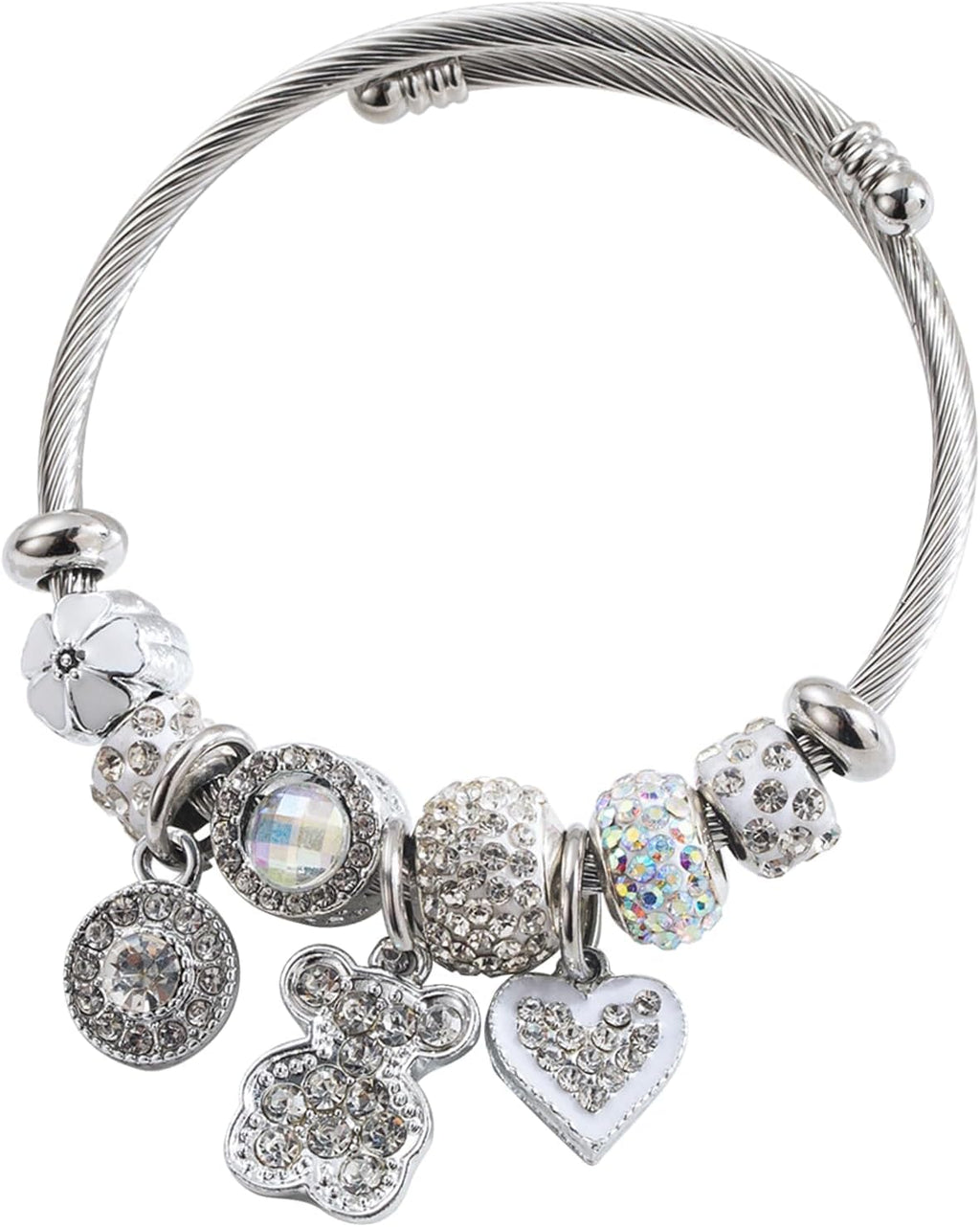 Bracciale Regolabile Ragazza in Acciaio Inossidabile Con Ciondoli Cuore E Orsetto, Braccialetto Donna Acciaio Con Perline Di Cristallo, Gioielli Charms E Bracciale Amico, Regalo Elegante per Ragazze