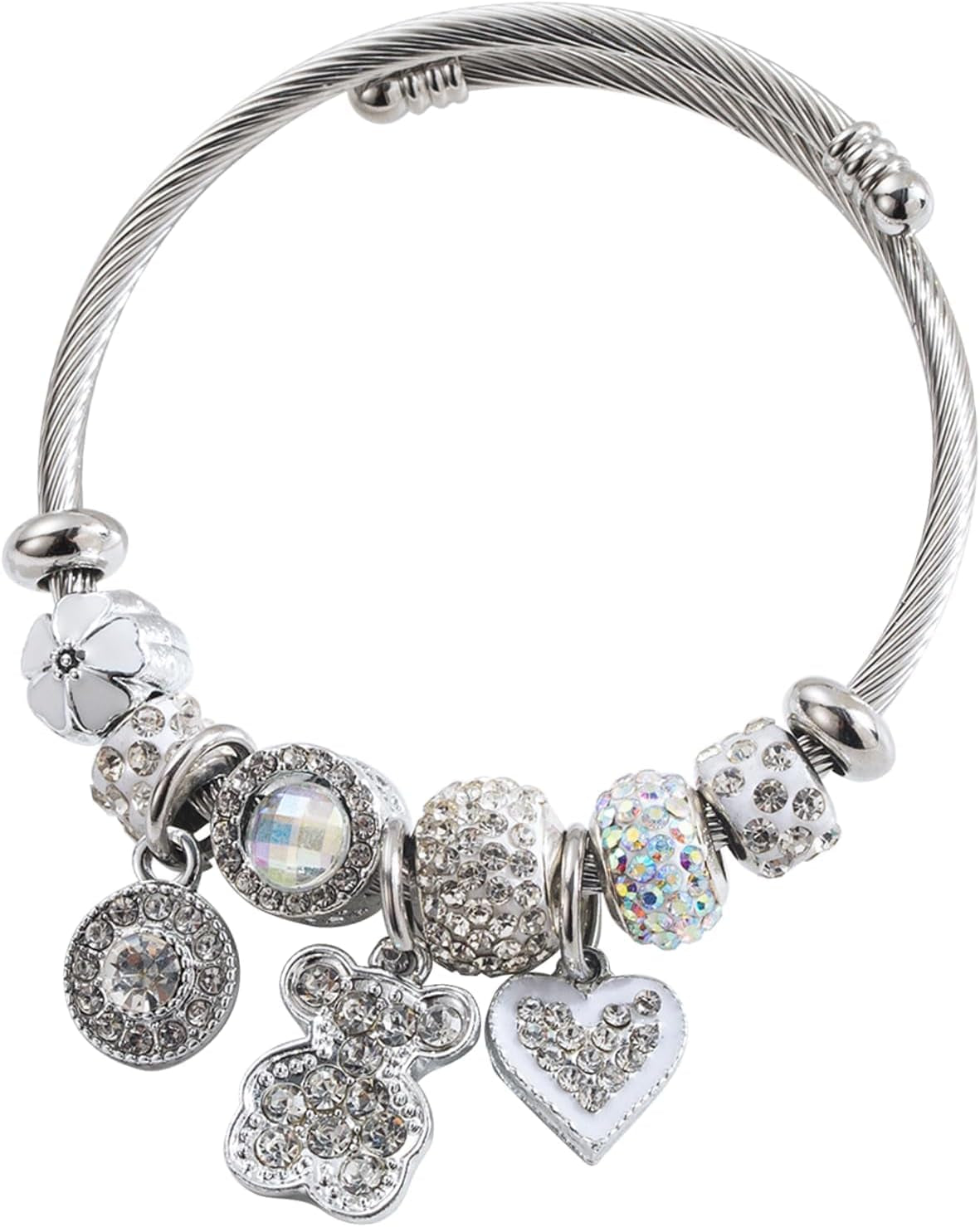 Bracciale Regolabile Ragazza in Acciaio Inossidabile Con Ciondoli Cuore E Orsetto, Braccialetto Donna Acciaio Con Perline Di Cristallo, Gioielli Charms E Bracciale Amico, Regalo Elegante per Ragazze