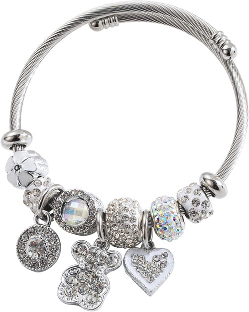 Bracciale Regolabile Ragazza in Acciaio Inossidabile Con Ciondoli Cuore E Orsetto, Braccialetto Donna Acciaio Con Perline Di Cristallo, Gioielli Charms E Bracciale Amico, Regalo Elegante per Ragazze