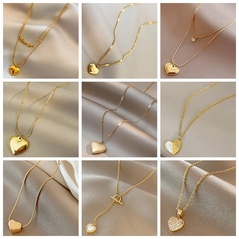 High Quality Stainless Steel Necklace for Women Gold Color Heart Shape Pendant Necklace Party Holiday Chain Jewelry