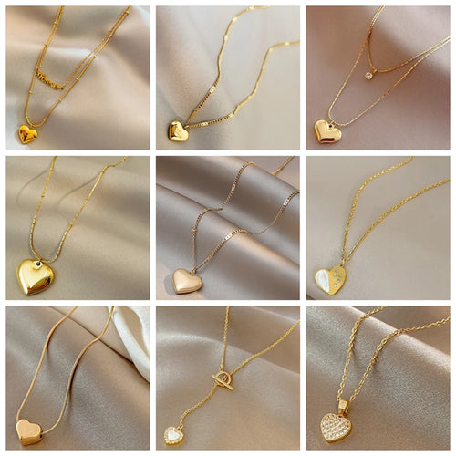 High Quality Stainless Steel Necklace for Women Gold Color Heart Shape Pendant Necklace Party Holiday Chain Jewelry