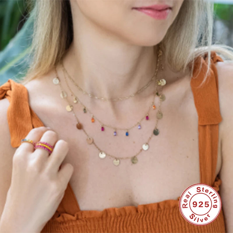 925 Sterling Silver Collar Luxury Bling Rainbow Zircon Pendant Necklace for Woman Birthday Valentine'S Day Party Gift Collares