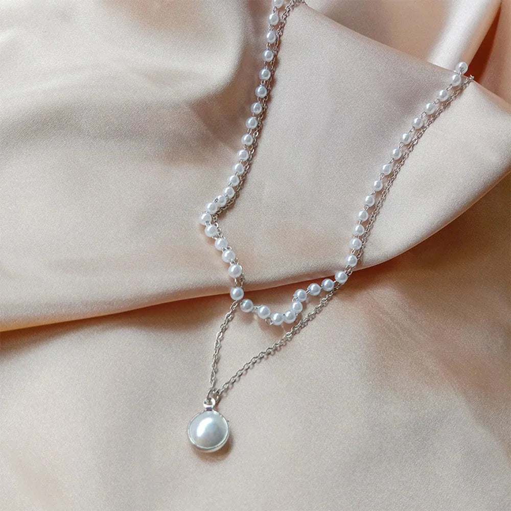 2024 New Fashion Kpop Pearl Choker Necklace Cute Double Layer Chain Pendant for Women Jewelry Girl Gift