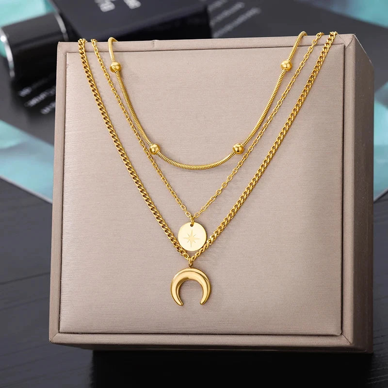 Stainless Steel Cross Star Moon Pendant Multilayer Chain Choker Necklace for Women Trendy Wedding Party Jewerly Accessories