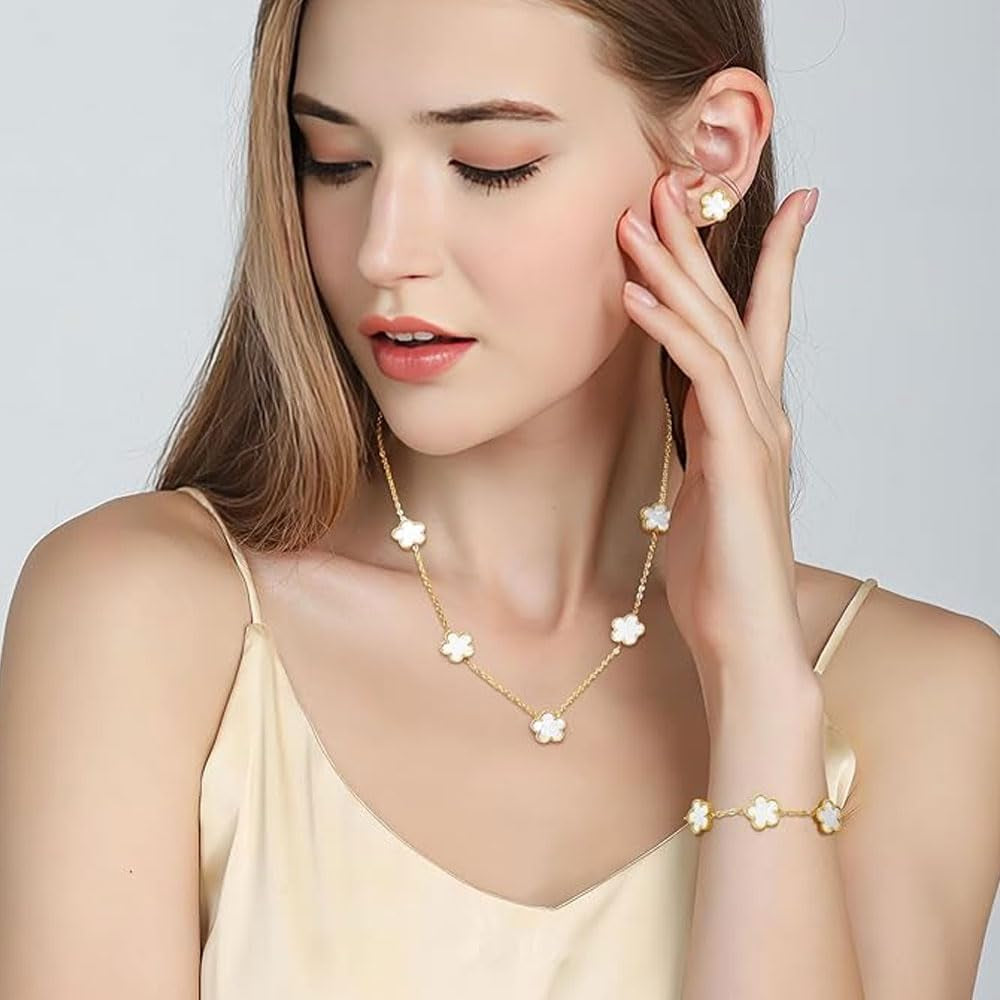 Collana Quadrifoglio Parure Gioieili Fortunato Quattro Foglie Placcato Orecchini Bracciali 18K Oro Acciaio Inossidabile Con Fiore per Donna Ragazze