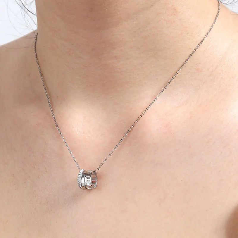 Famous Brand Three Circles Full Zircon Hollow Roman Number Pendant Necklace Stainless Steel Jewelry Necklace Women Party Gift