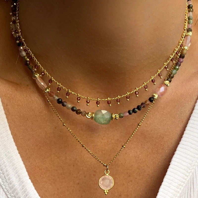 Creative Design Natural Stone Necklace Short Necklace Retro Ethnic Pink Green Black Red Natural Stone Pendant Women Jewelry