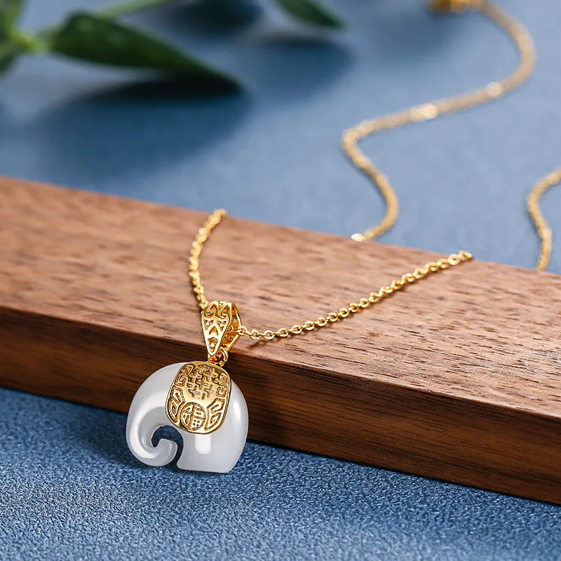 Stainless Steel 2 Color Jade Elephant Pendant Necklace for Women Chain 2021 Trend Blessing Ethnic Gift Fashion Jewelry