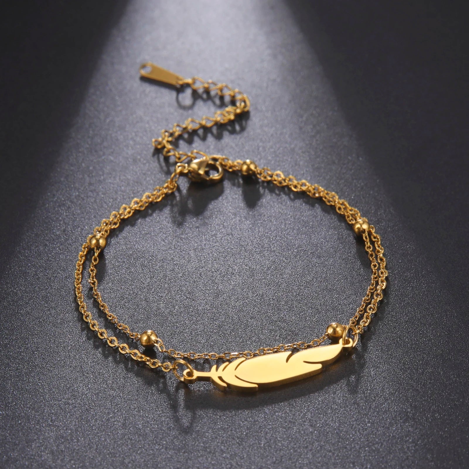 Stainless Steel Women Bracelet a Feather Pendant Double Layer Bead Chain 2022 New Trend Jewelry Birthday Gift