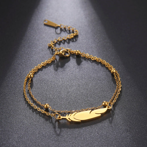 Stainless Steel Women Bracelet a Feather Pendant Double Layer Bead Chain 2022 New Trend Jewelry Birthday Gift