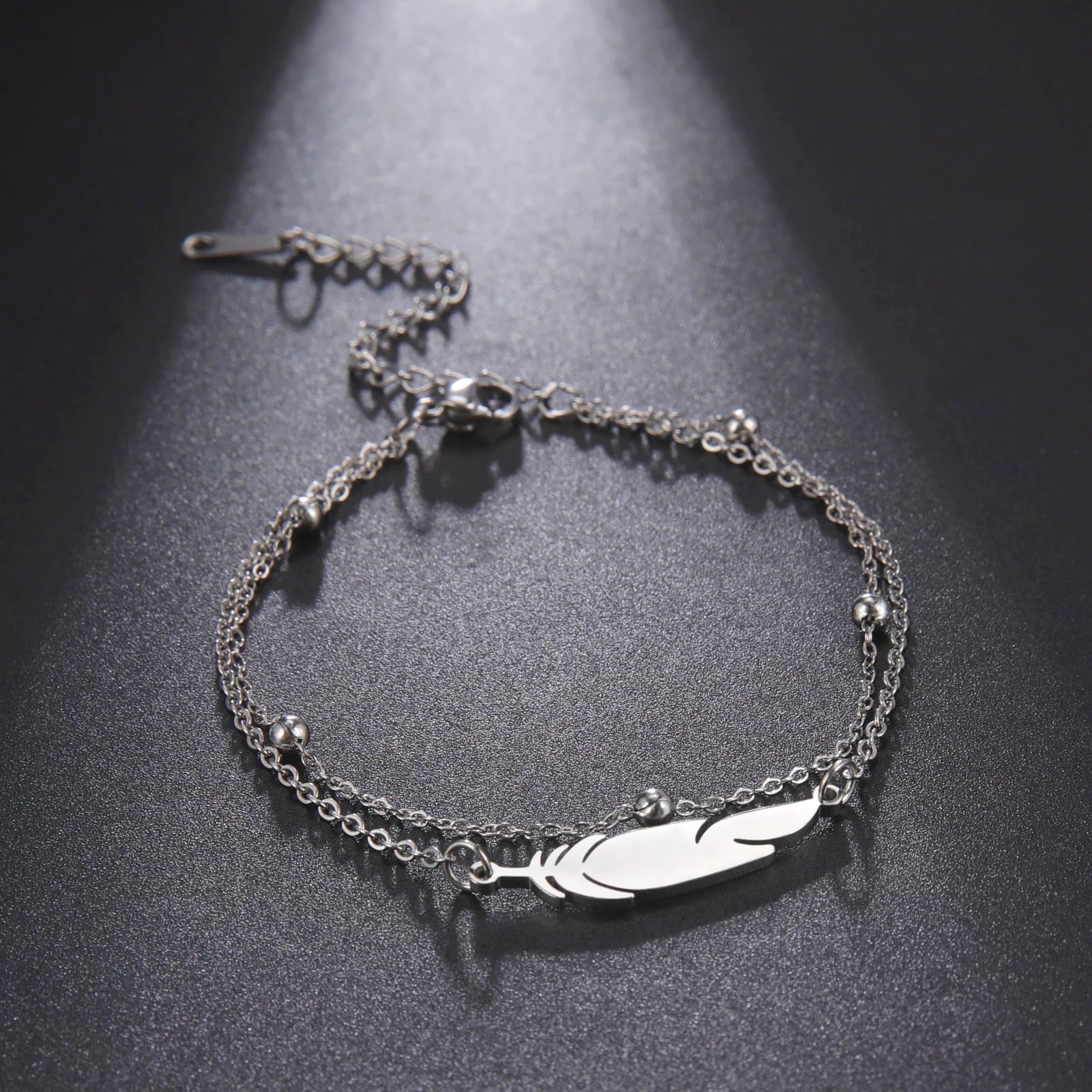 Stainless Steel Women Bracelet a Feather Pendant Double Layer Bead Chain 2022 New Trend Jewelry Birthday Gift