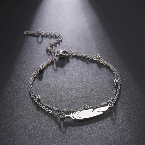 Stainless Steel Women Bracelet a Feather Pendant Double Layer Bead Chain 2022 New Trend Jewelry Birthday Gift