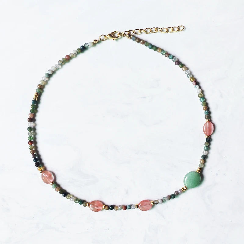 Creative Design Natural Stone Necklace Short Necklace Retro Ethnic Pink Green Black Red Natural Stone Pendant Women Jewelry