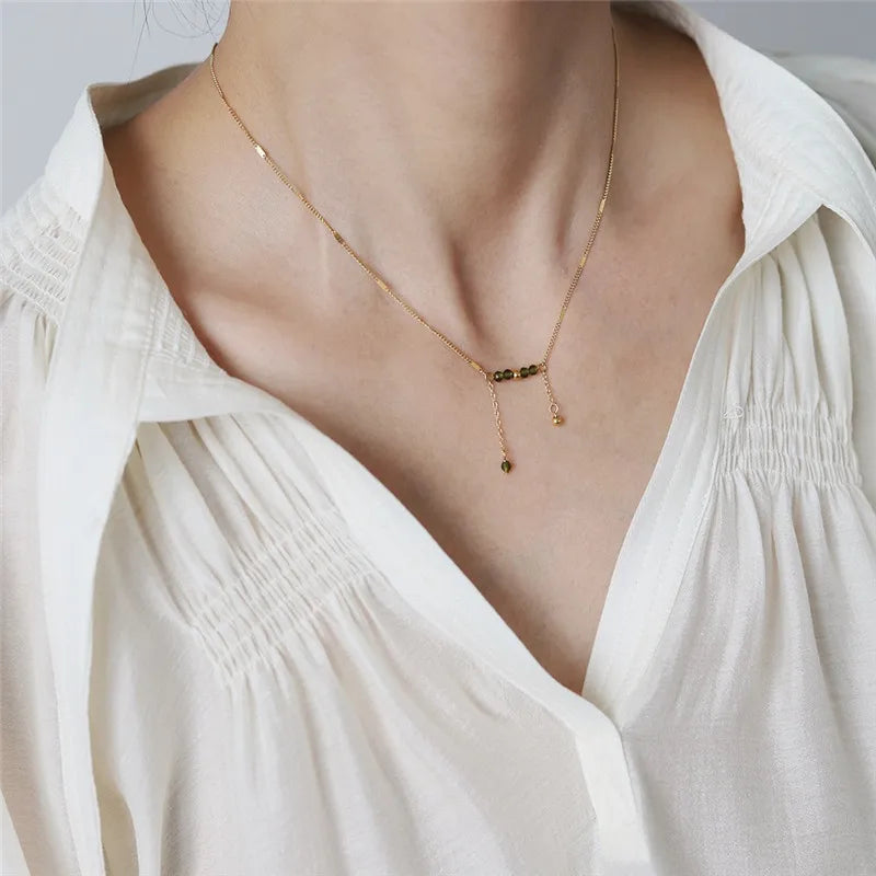 Stainless Steel Plated 18K Gold Olive Green Beads Tassel Pendant Necklace Women Fashion Personality Party Jewelry