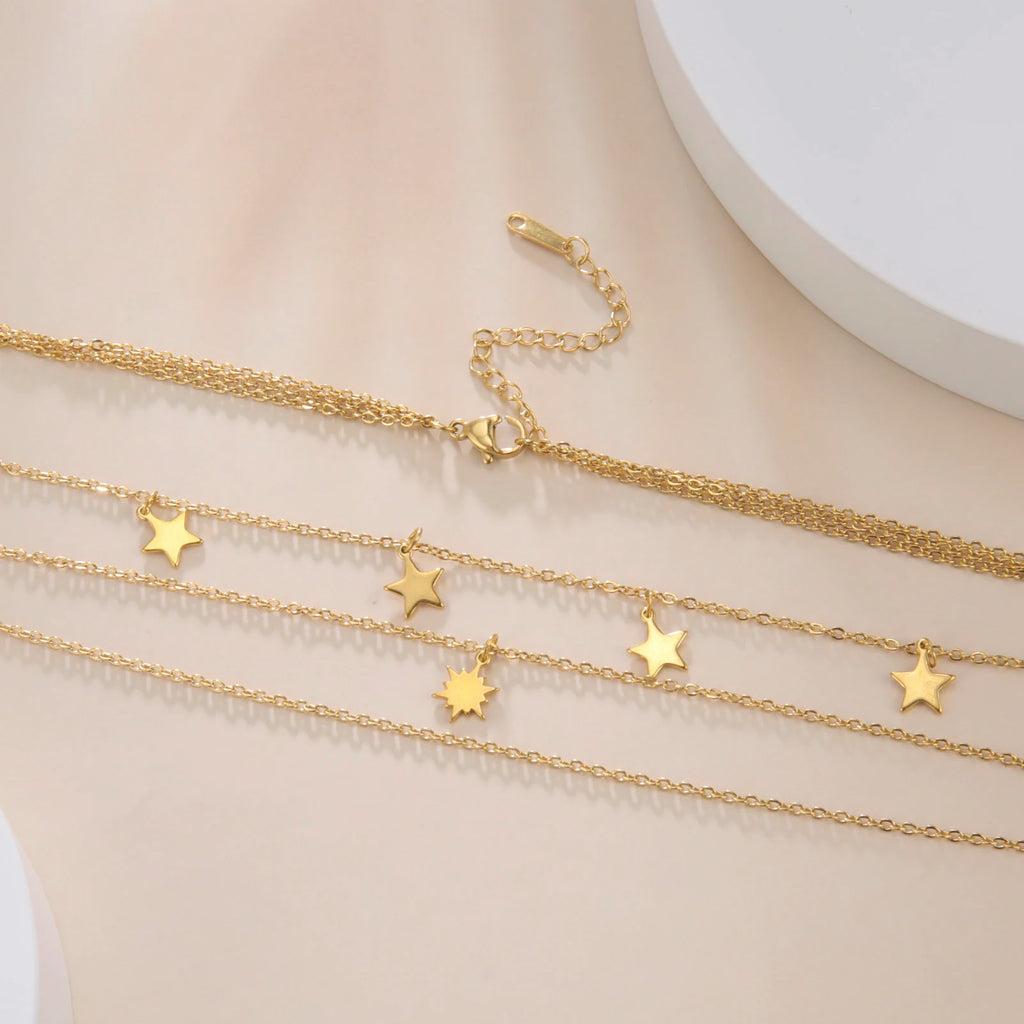 Star Pendant Necklace for Women Silver Color Stainless Steel Three Layer Chain Collars Elegant Fashion Jewelry Accessories