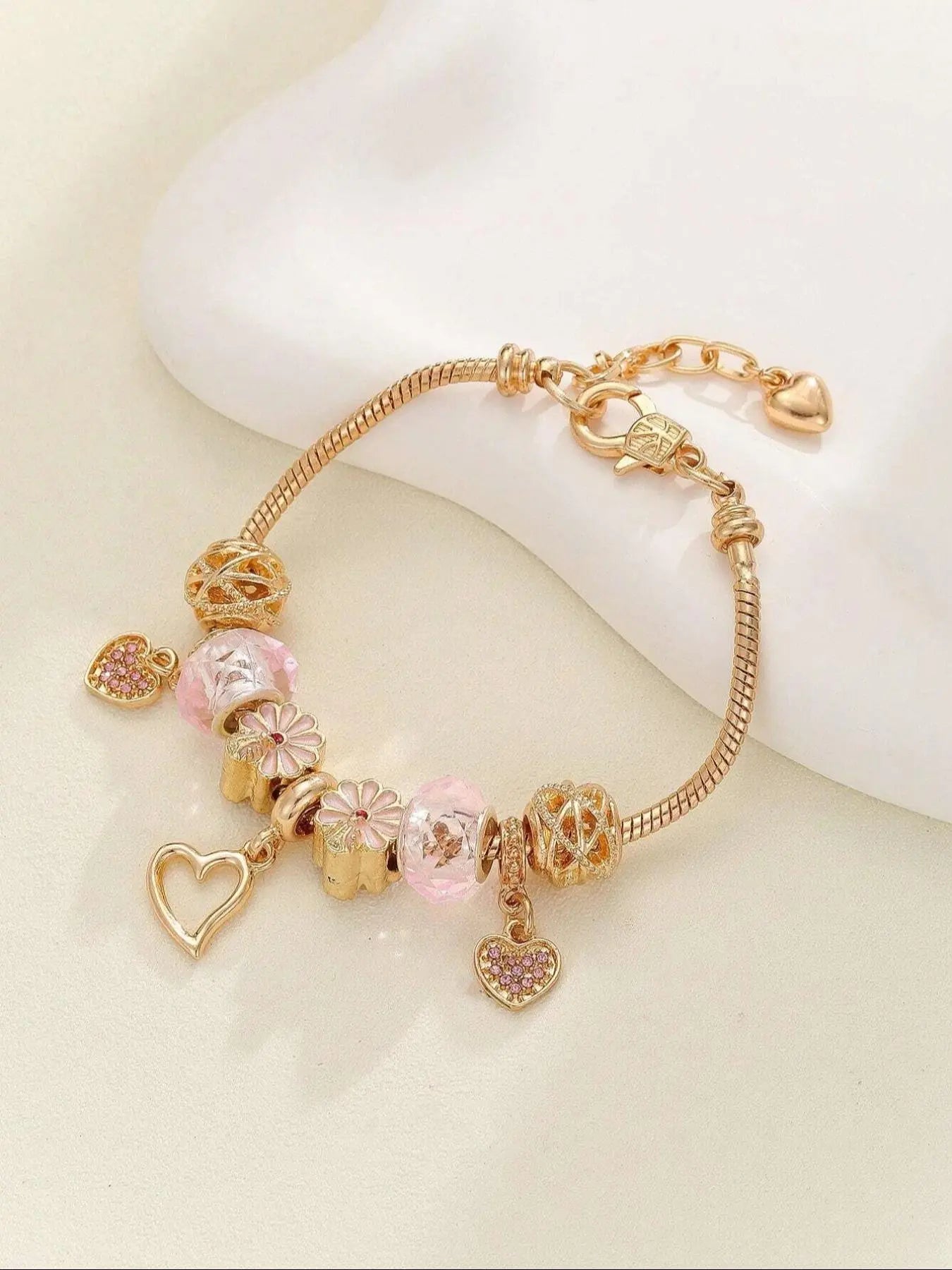 Cute Bow & Heart & Flower Design Charm Bracelet, Rhinestone Decorated Bracelet for Women & Girls, Trendy All-Match & Exquisite Jewelry for Birthday Gift, Rhinestone Decorated Bangle