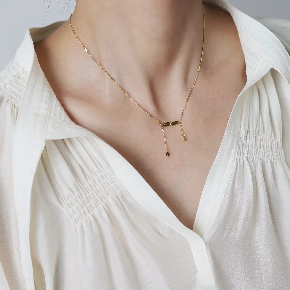 Stainless Steel Plated 18K Gold Olive Green Beads Tassel Pendant Necklace Women Fashion Personality Party Jewelry