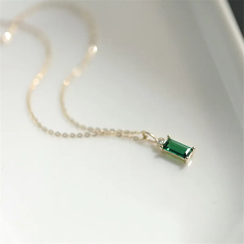 925 Sterling Silver European Simple Square Green Crystal Pendant Clavicle Chain Necklace Women Classic Plating 14K Gold Jewelry