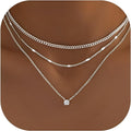 Collana Argento Donna, 3 Pezzi Collana Layered Con Cristallo Solitario Brillante, Collana Delicata Boho, Choker Sottile in Argento Con Pendente Zircone Punto Rotondo per Donne E Ragazze
