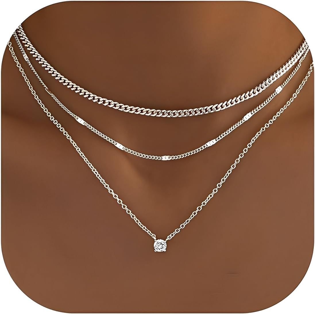 Collana Argento Donna, 3 Pezzi Collana Layered Con Cristallo Solitario Brillante, Collana Delicata Boho, Choker Sottile in Argento Con Pendente Zircone Punto Rotondo per Donne E Ragazze