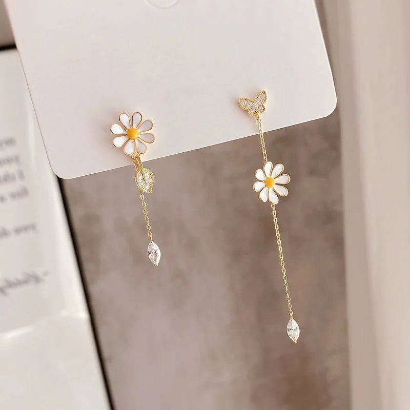 New Korean Style Long Daisy Flower Earrings for Women Asymmetrical Delicate Flower Style Earring Girls Sweet Jewelry Gift