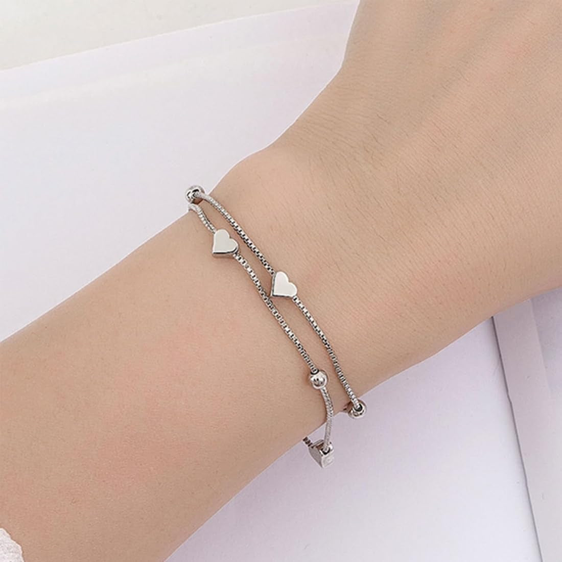 Bracciale Da Donna in Argento 925, Con Cuore, Regolabile, Idea Regalo per Donne E Ragazze (Argento)