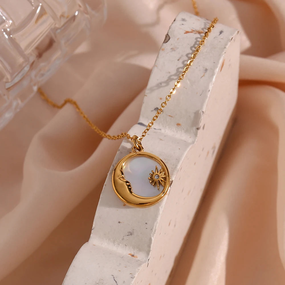 Natural Mother of Pearl Casting Moon Star Circle Coin Necklace for Woman 18K Gold Plated Stainless Steel Jewelry
