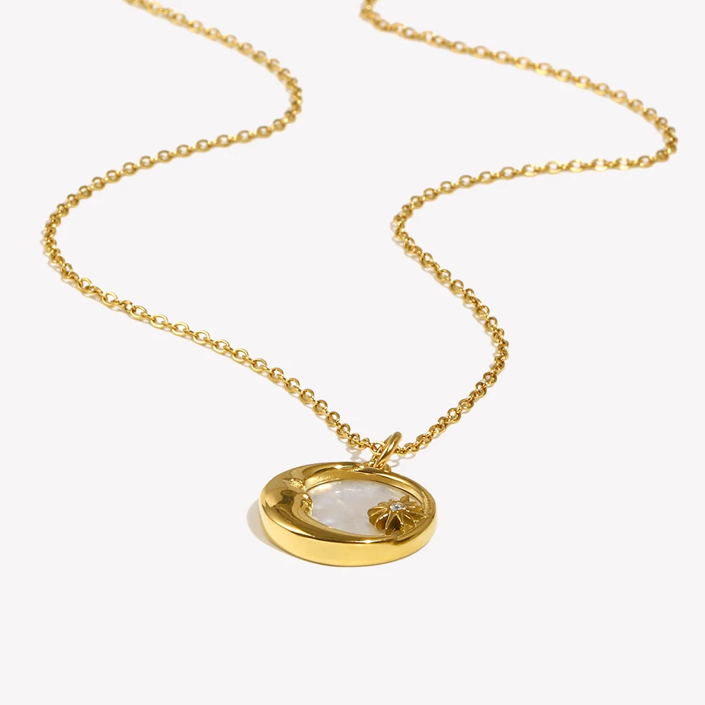 Natural Mother of Pearl Casting Moon Star Circle Coin Necklace for Woman 18K Gold Plated Stainless Steel Jewelry