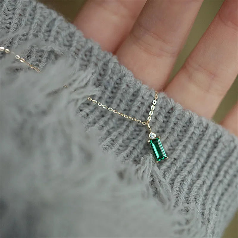 925 Sterling Silver European Simple Square Green Crystal Pendant Clavicle Chain Necklace Women Classic Plating 14K Gold Jewelry