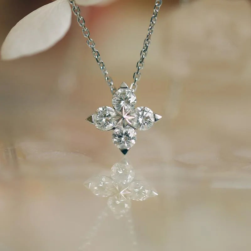 925 Sterling Silver European Simple Crystal Flower Pendant Clavicle Chain Necklace Women Classic Temperament Wedding Jewelry