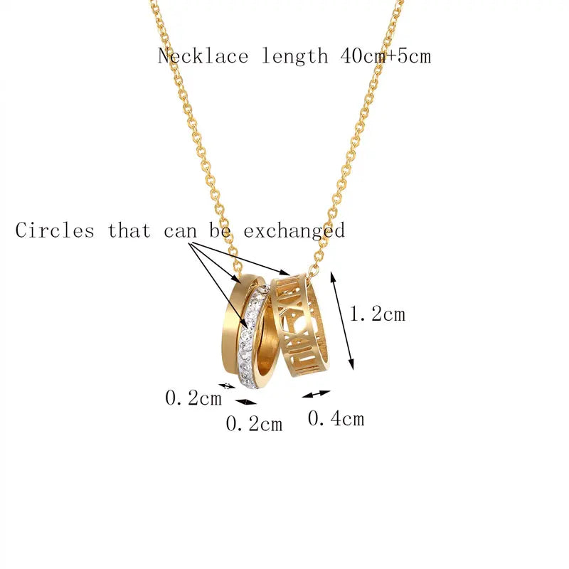 Famous Brand Three Circles Full Zircon Hollow Roman Number Pendant Necklace Stainless Steel Jewelry Necklace Women Party Gift