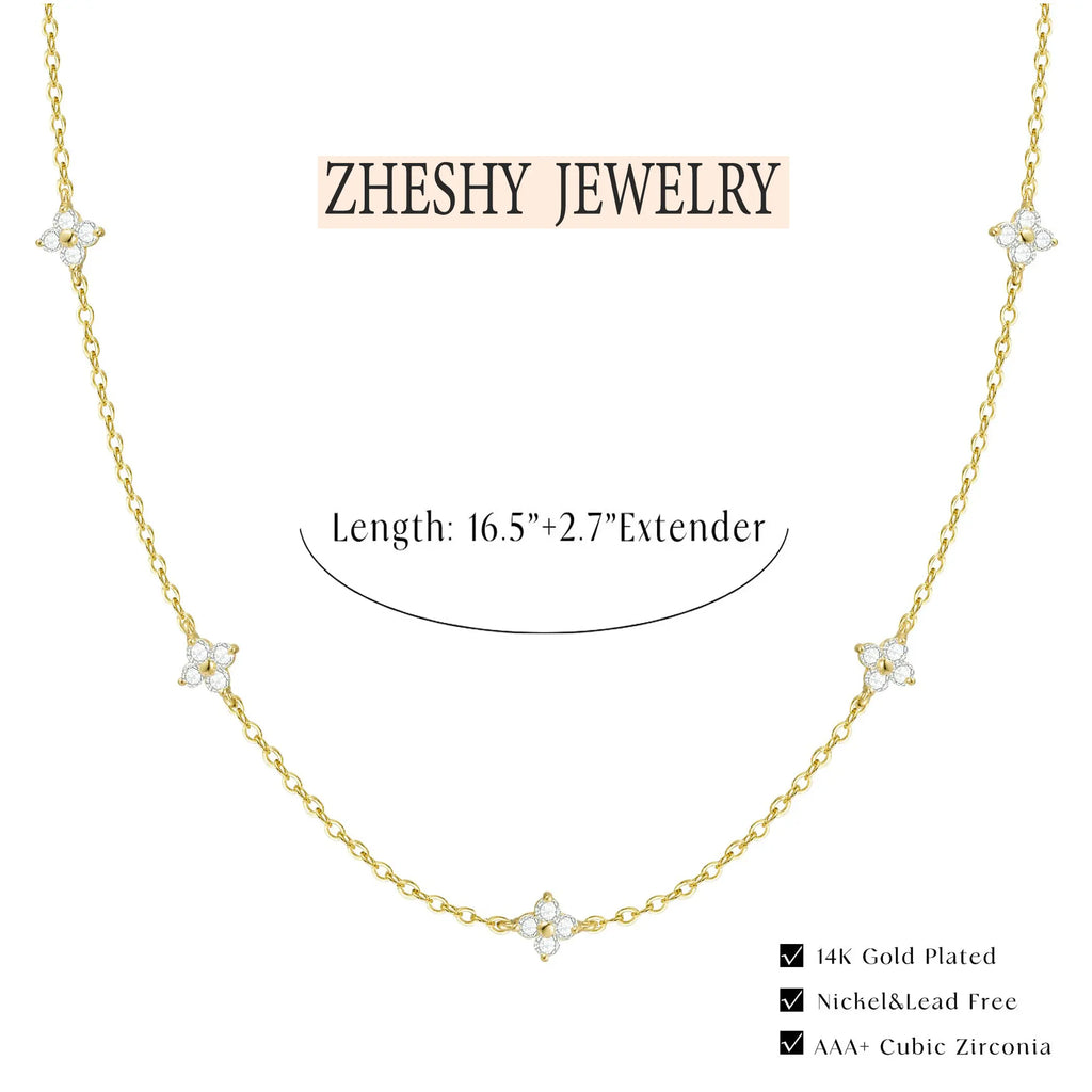 Dainty Flower Necklace, 14K Gold-Plated Flower Collarbone Chain, Ladies' Cute Simulated Diamond Necklace, Fashion Jewelry Gift, Jewelry Necklace for Teen Girls Gift, Mother’S Day Gift