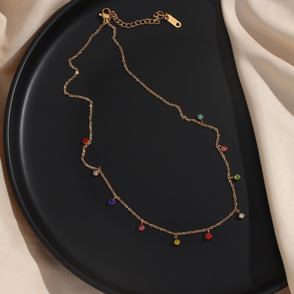 Collana Color Oro Con Cristalli Colorati Gioiello Regalo Donna Catenina Acciaio