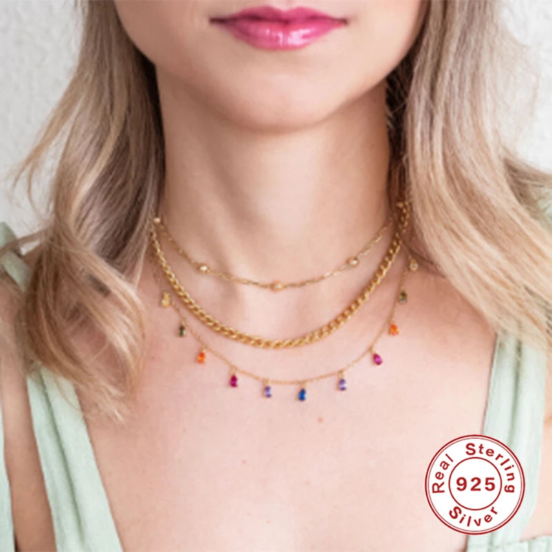 925 Sterling Silver Collar Luxury Bling Rainbow Zircon Pendant Necklace for Woman Birthday Valentine'S Day Party Gift Collares