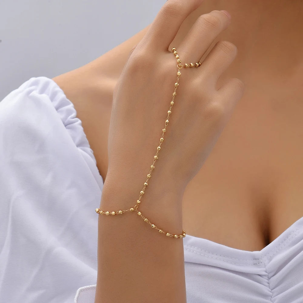 Creative Faceted Beaded Chain Bracelet Finger Ring Minimalist Gold Plated Beads Connecting Hand Harness Women Fashion Jewelry