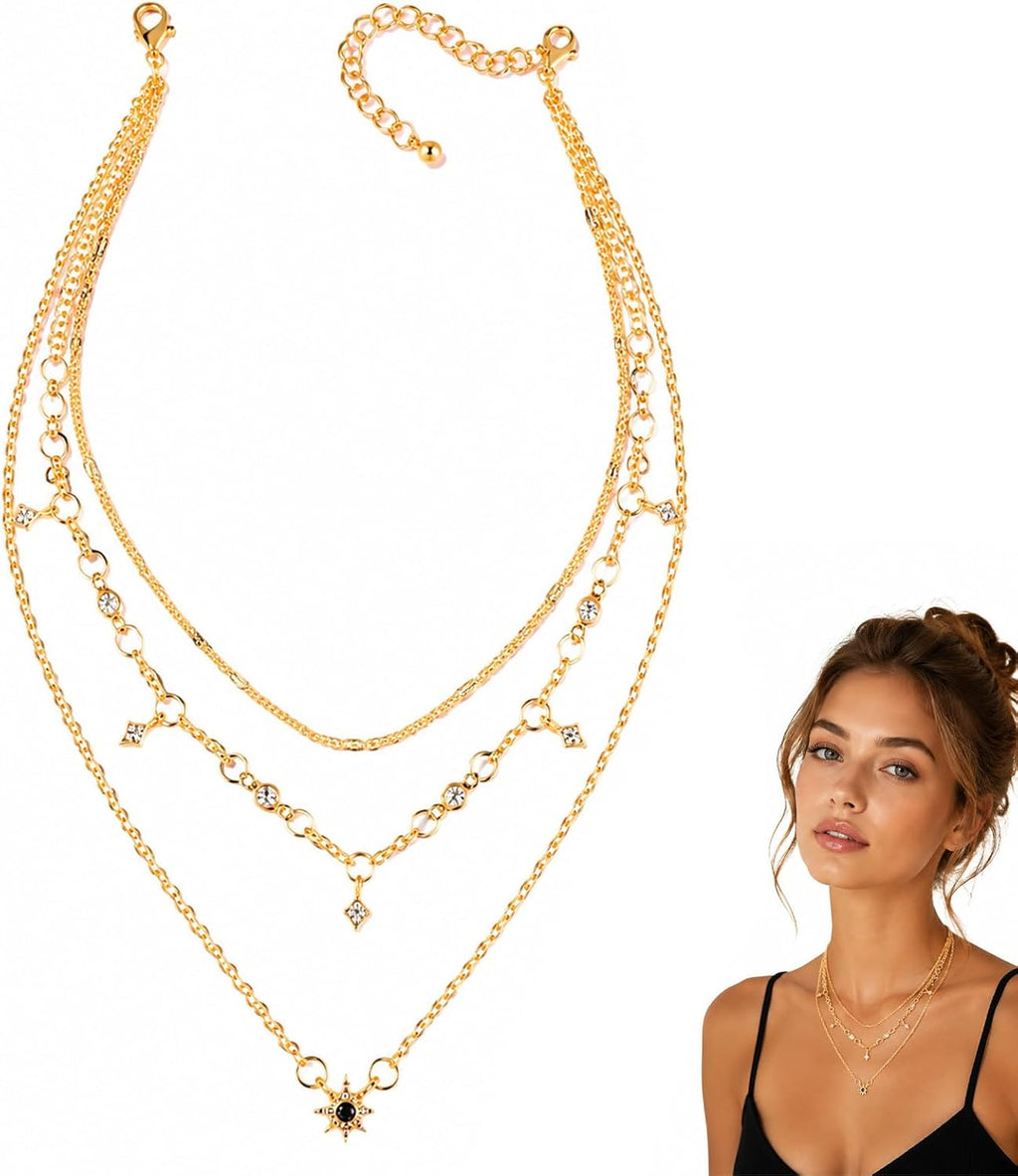 Collana Donna 14K Oro, 3 Pezzi Set Collane a Strati Regolabili 32Cm/35Cm/43Cm, Dorate Resistenti All’Acqua Con Design a Catena Ondulata, Ideale per Regali Eleganti
