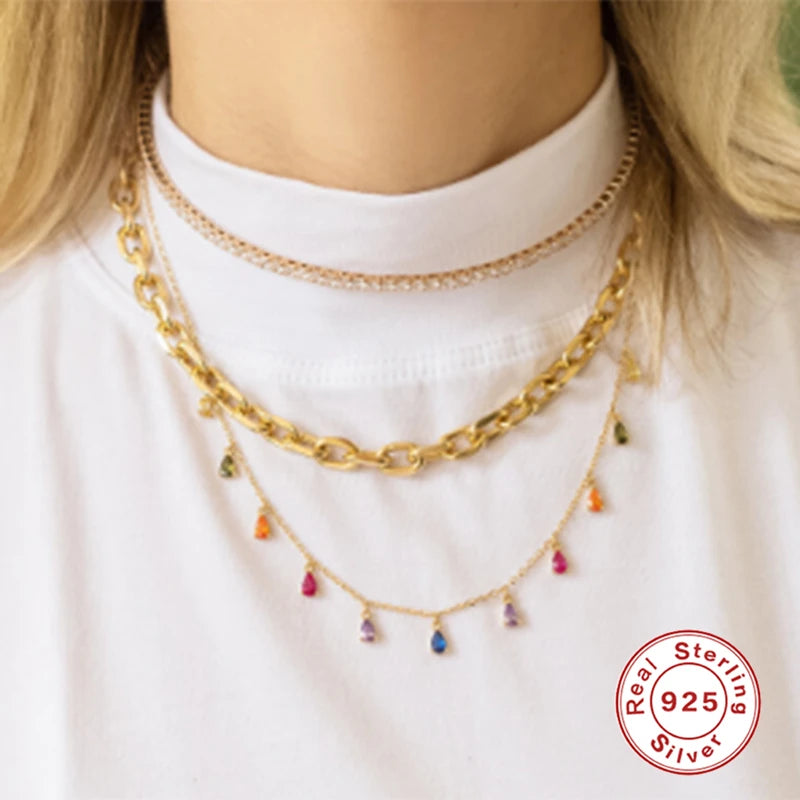925 Sterling Silver Collar Luxury Bling Rainbow Zircon Pendant Necklace for Woman Birthday Valentine'S Day Party Gift Collares
