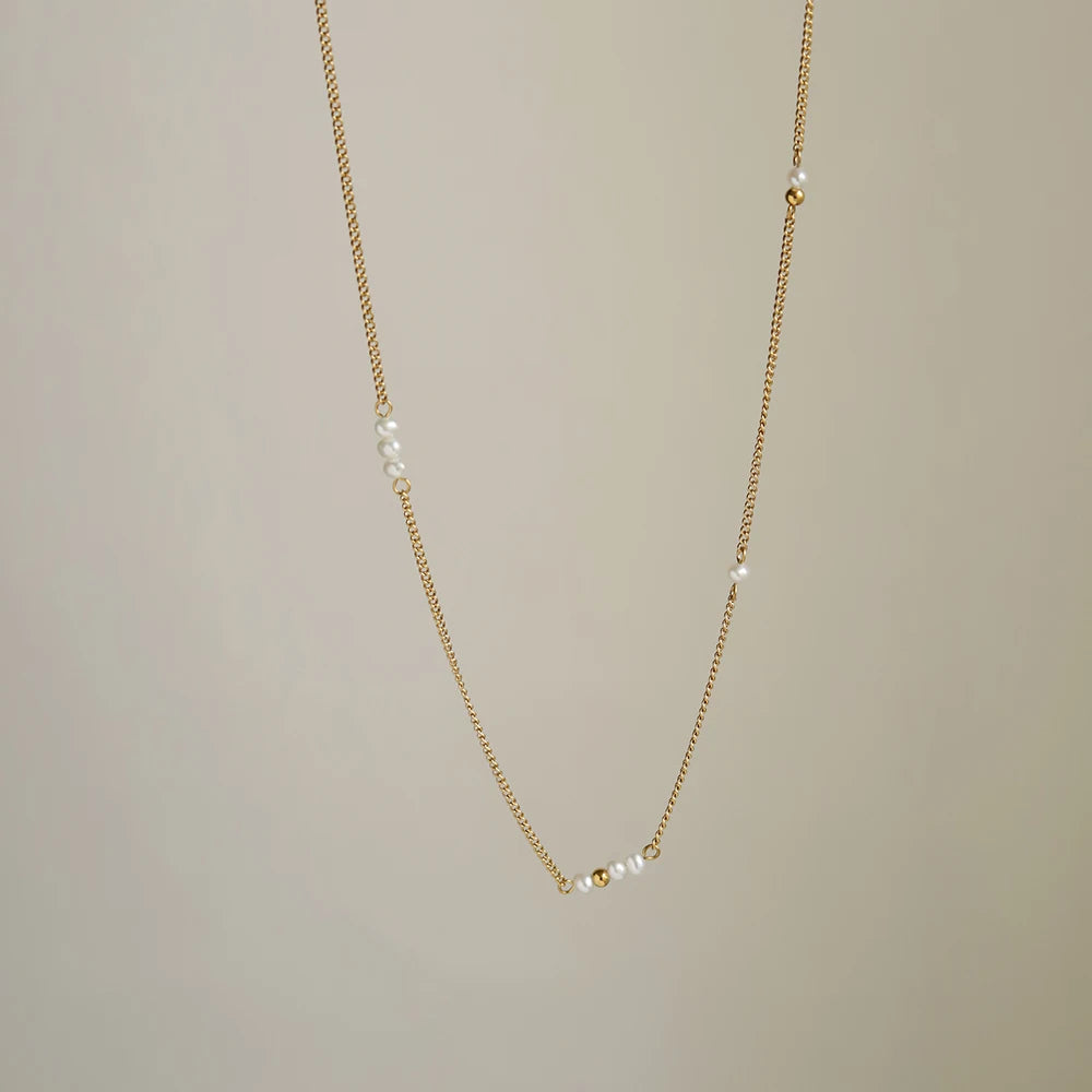 Stainless Steel Plated 18K Gold Handmade Natural Freshwater Pearls Necklace Clavicle Chain for Women Simple Gift Jewelry