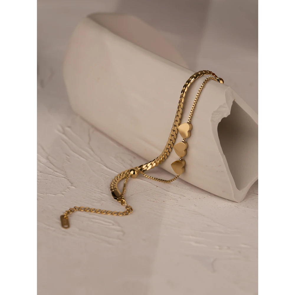 Romantic Heart Stainless Steel Bracelet for Women Charm Gold Color Snake Chain Layered Bracelet Jewelry Girlfriend Gift