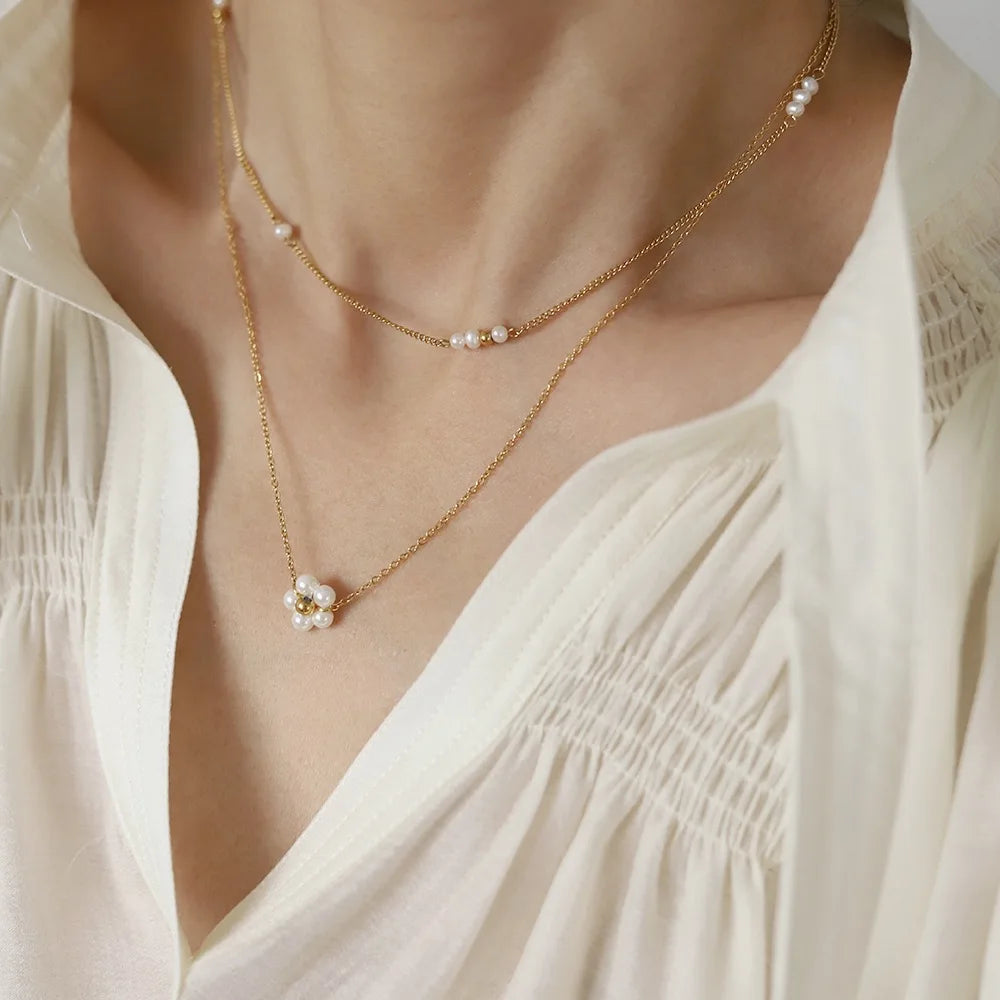 Stainless Steel Plated 18K Gold Handmade Natural Freshwater Pearls Necklace Clavicle Chain for Women Simple Gift Jewelry